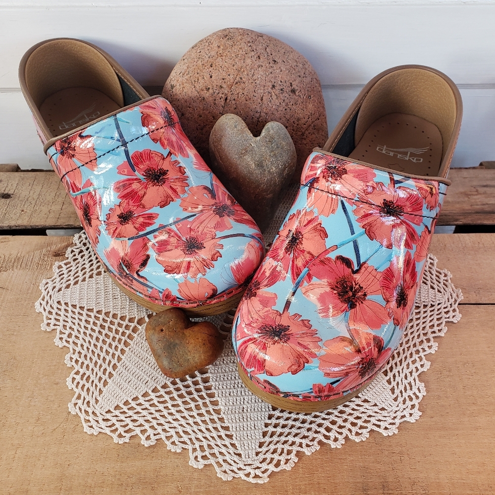 NEW*Poppies Dansko Pro Honey Clog Floral Blue Orange Patent Leather Cottage Boho - Picture 2 of 11